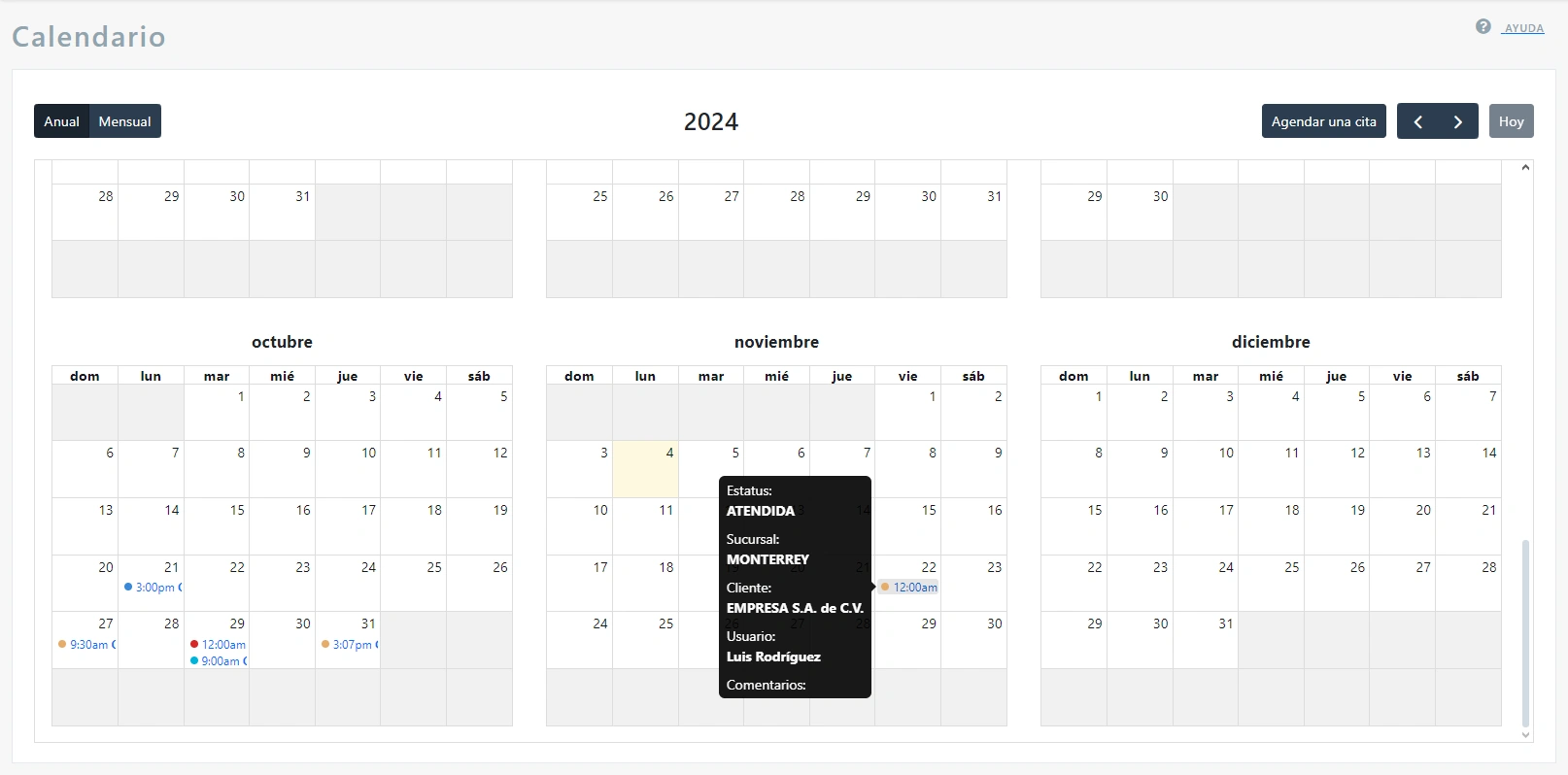 Facilis. Pantalla de Calendario vista anual.
