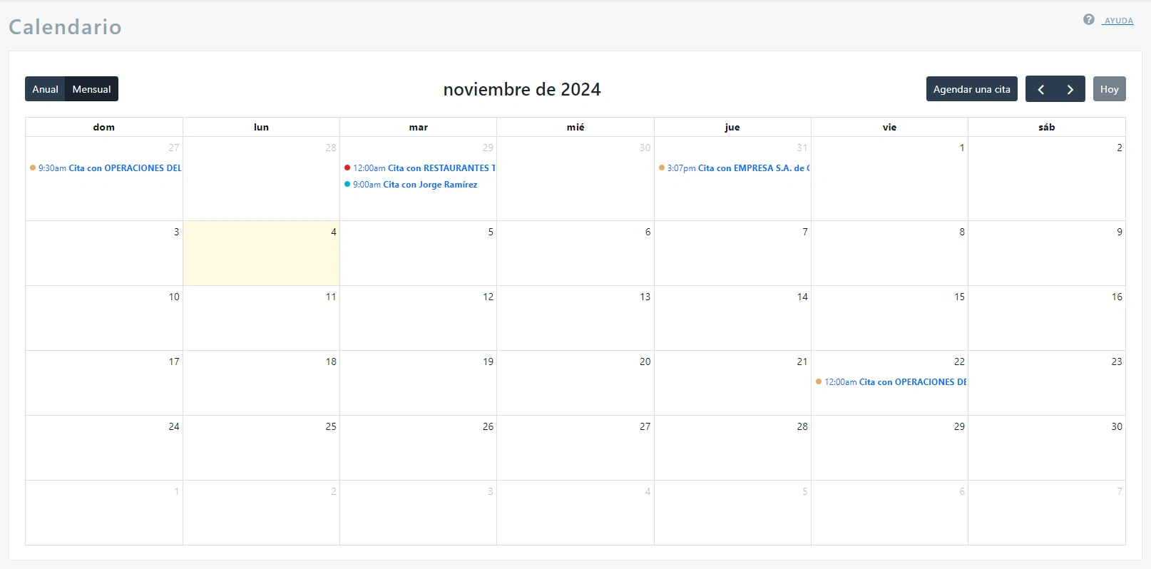 Facilis. Pantalla de Calendario vista mensual.